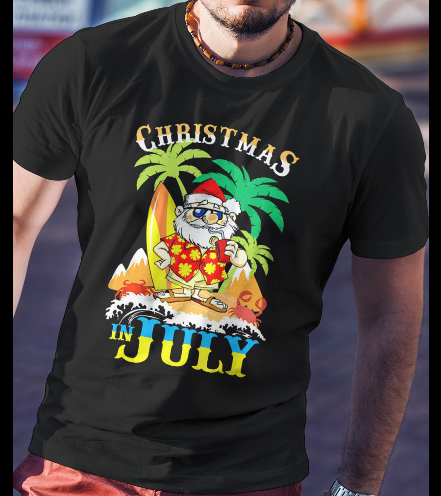 Christmas In July Santa Tropical Surf Vibes T-Shirt