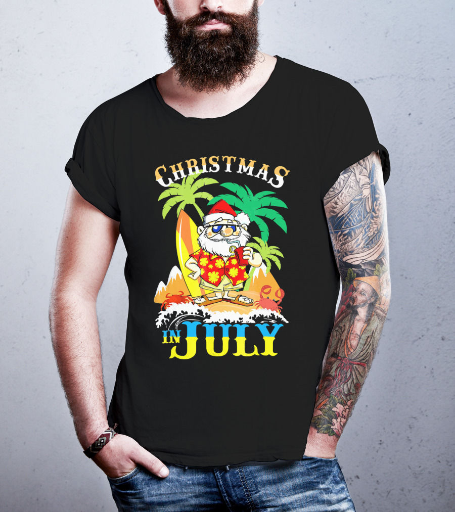 Christmas In July Santa Tropical Surf Vibes T-Shirt