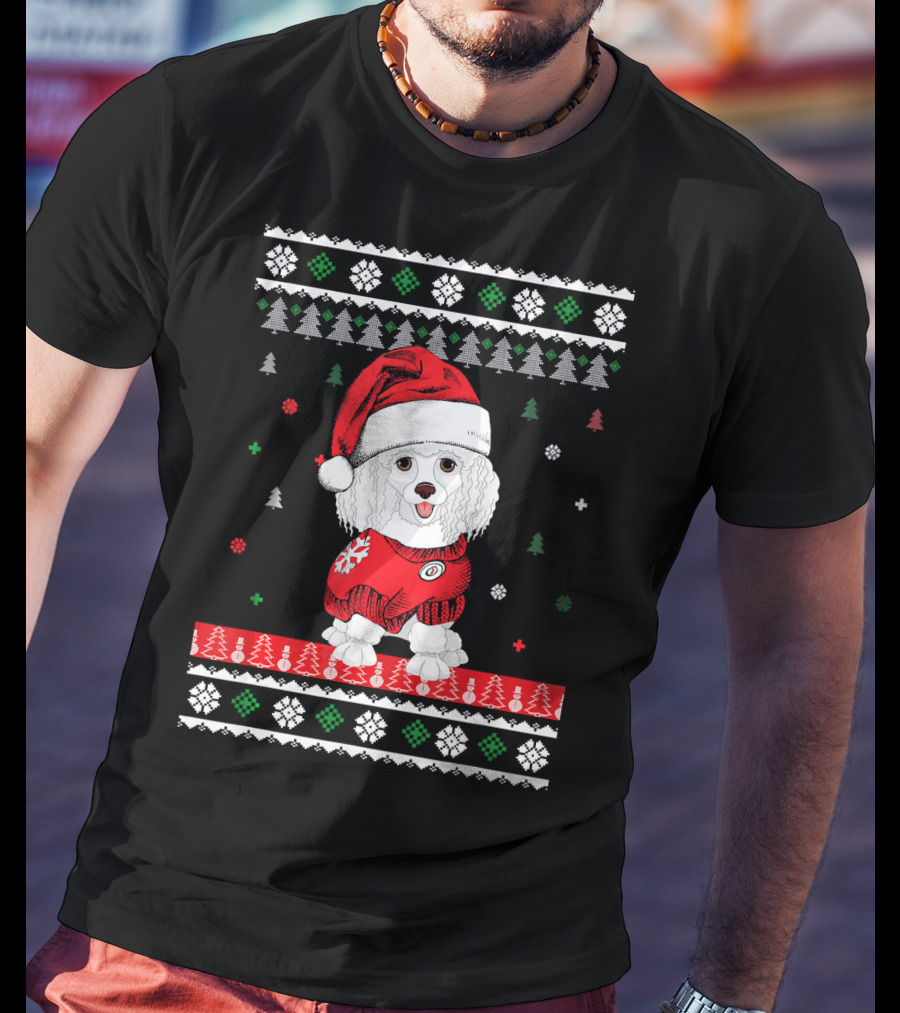 Cute Dog Standard Poodle Santa Hat Christmas Sweater Trees Snowflakes T-Shirt