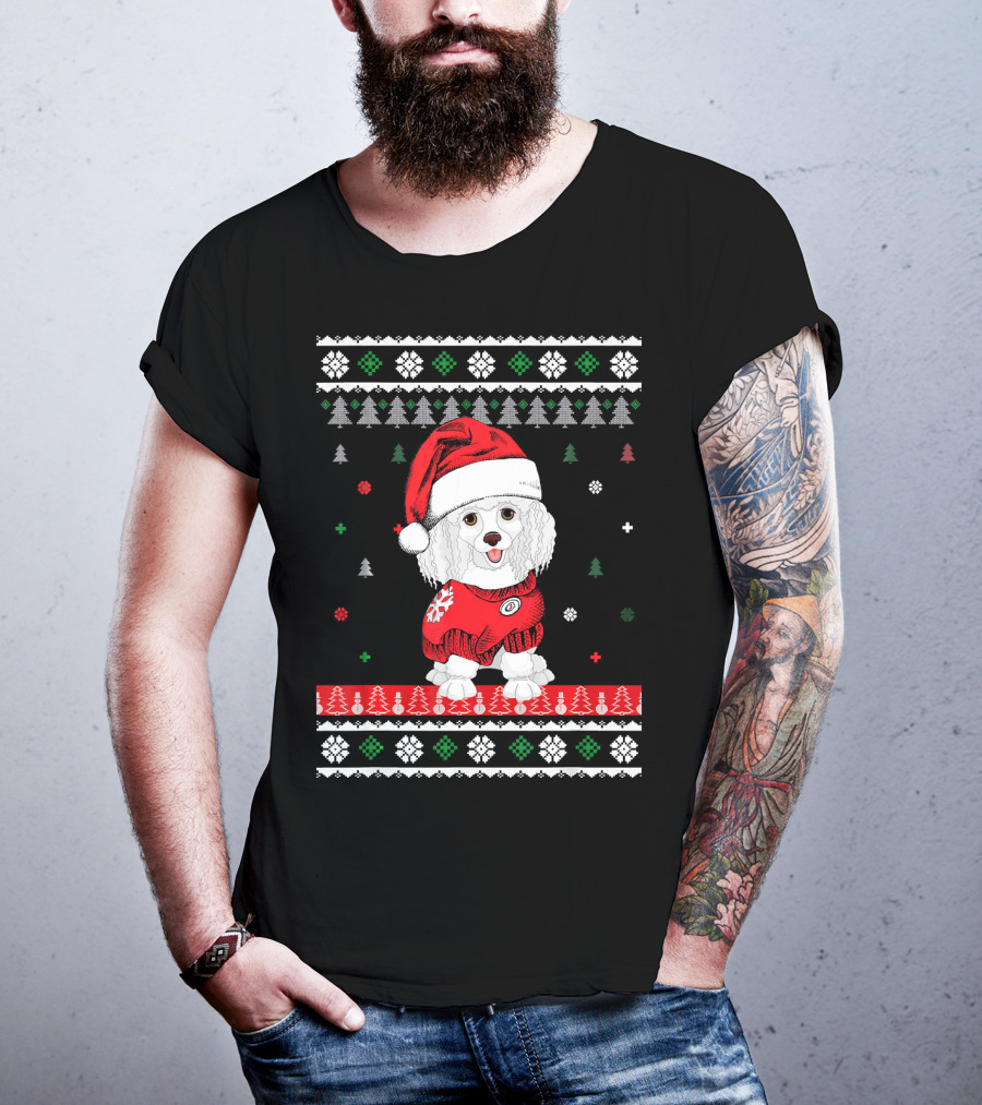 Cute Dog Standard Poodle Santa Hat Christmas Sweater Trees Snowflakes T-Shirt