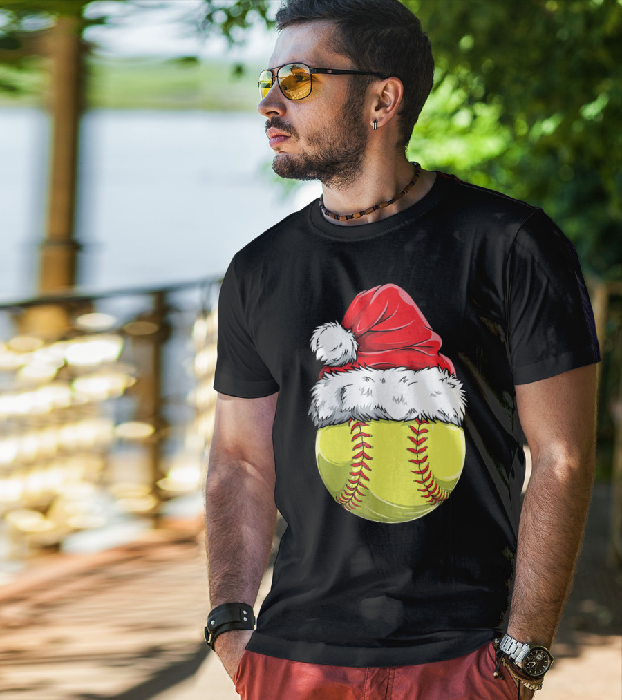 Santa Hat Softball Christmas T-Shirt