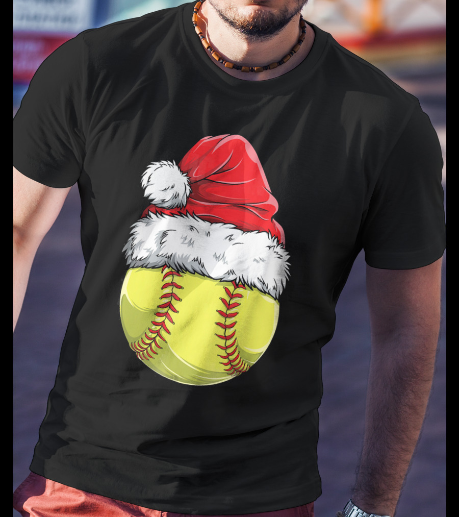 Santa Hat Softball Christmas T-Shirt