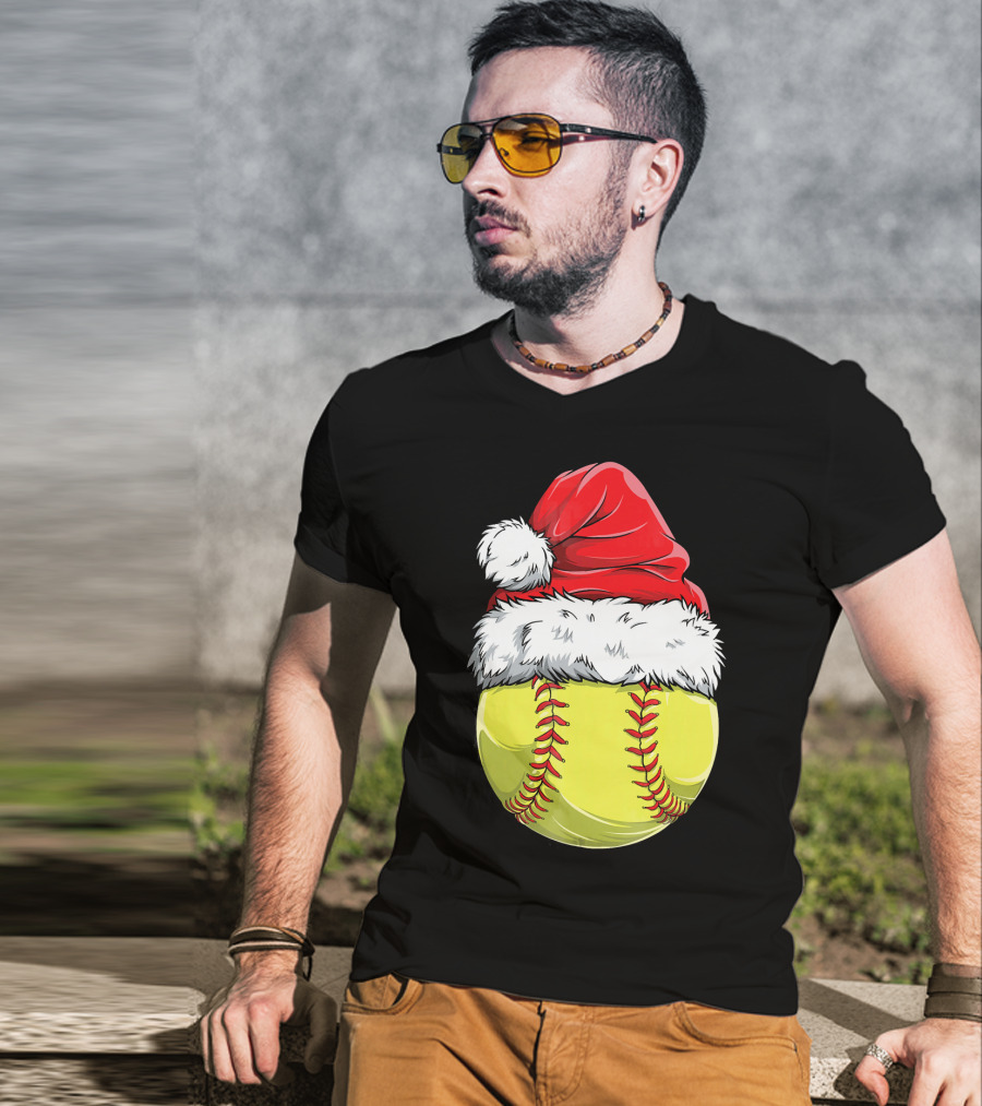 Santa Hat Softball Christmas T-Shirt