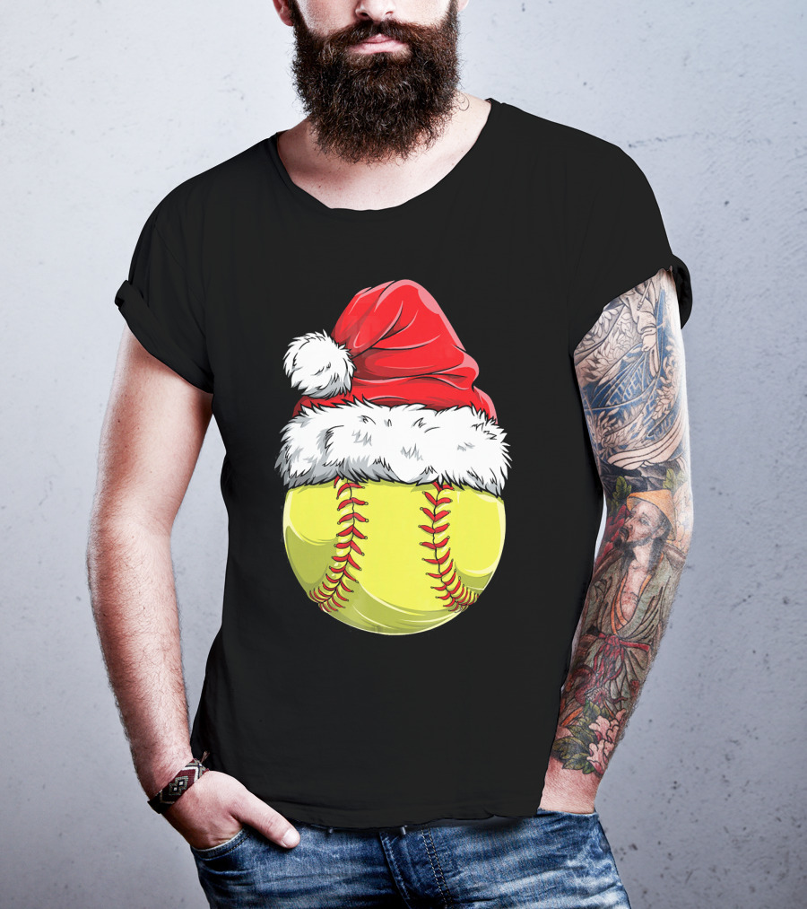 Santa Hat Softball Christmas T-Shirt