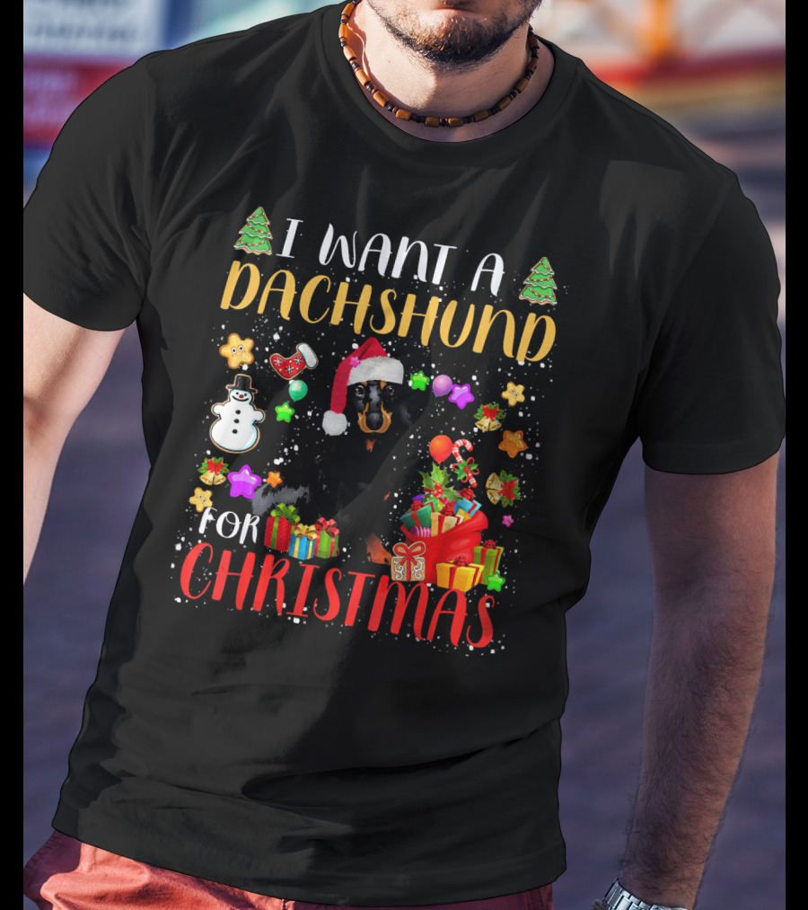 I Want A Dachshund For Christmas Santa Hat Presents Snowman T-Shirt