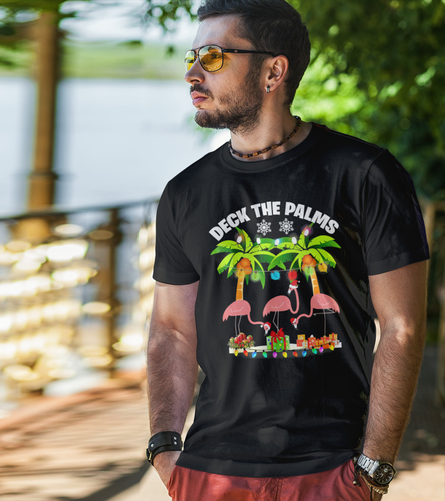 Deck The Palms Flamingo Christmas Lights And Gifts T-Shirt