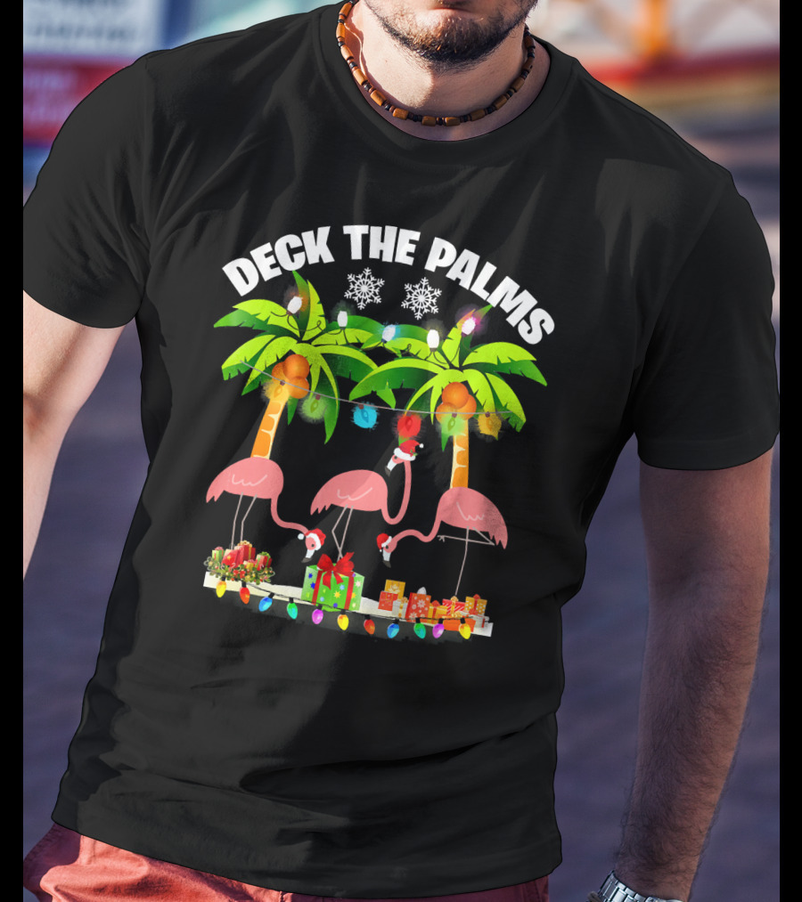Deck The Palms Flamingo Christmas Lights And Gifts T-Shirt
