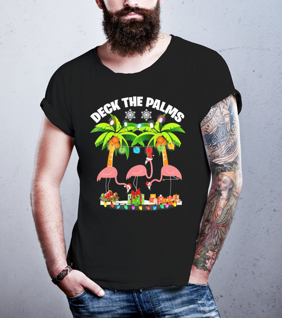 Deck The Palms Flamingo Christmas Lights And Gifts T-Shirt