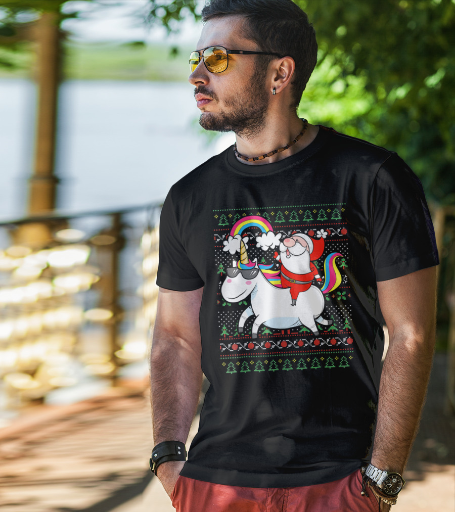 Santa Claus Riding A Rainbow Unicorn Christmas T-Shirt