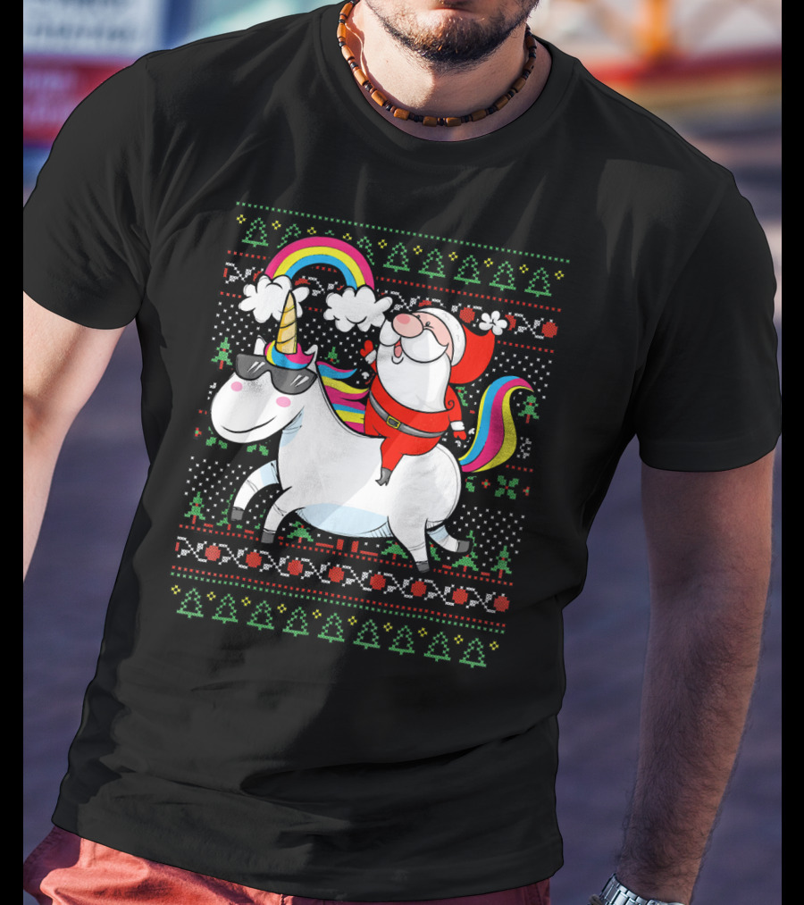 Santa Claus Riding A Rainbow Unicorn Christmas T-Shirt