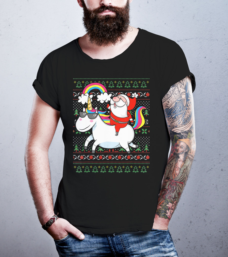 Santa Claus Riding A Rainbow Unicorn Christmas T-Shirt