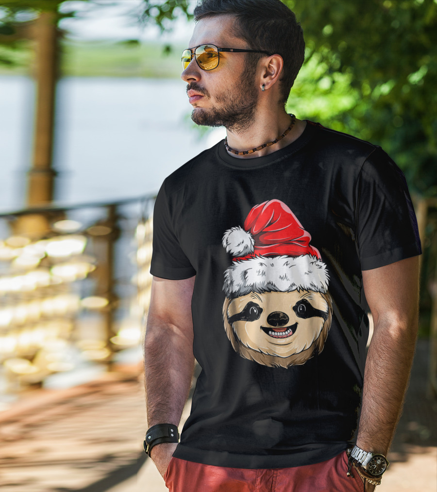 Sloth Santa Christmas Hat Cheerful Face T-Shirt