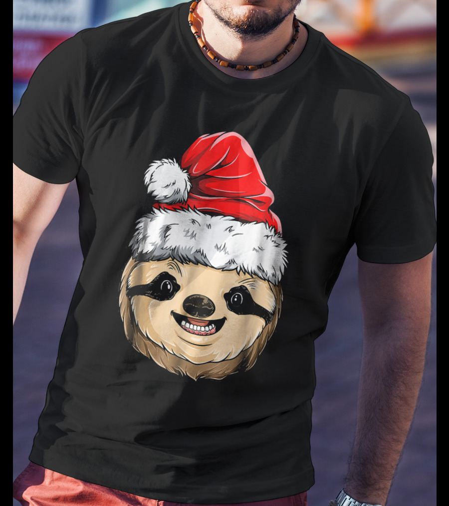 Sloth Santa Christmas Hat Cheerful Face T-Shirt