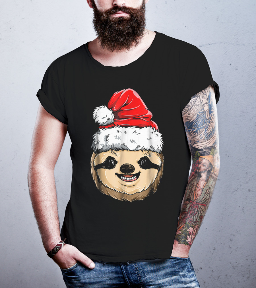 Sloth Santa Christmas Hat Cheerful Face T-Shirt