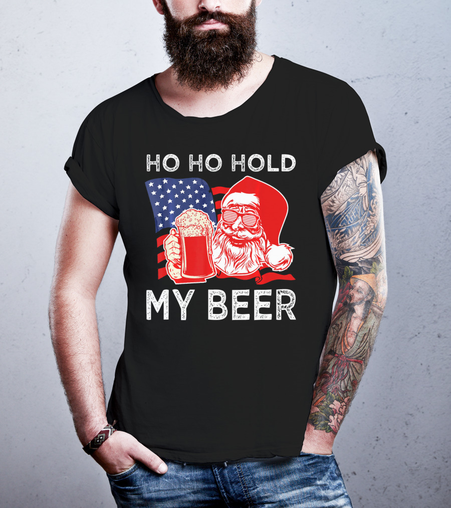 Ho Ho Hold My Beer Santa American Flag T-Shirt