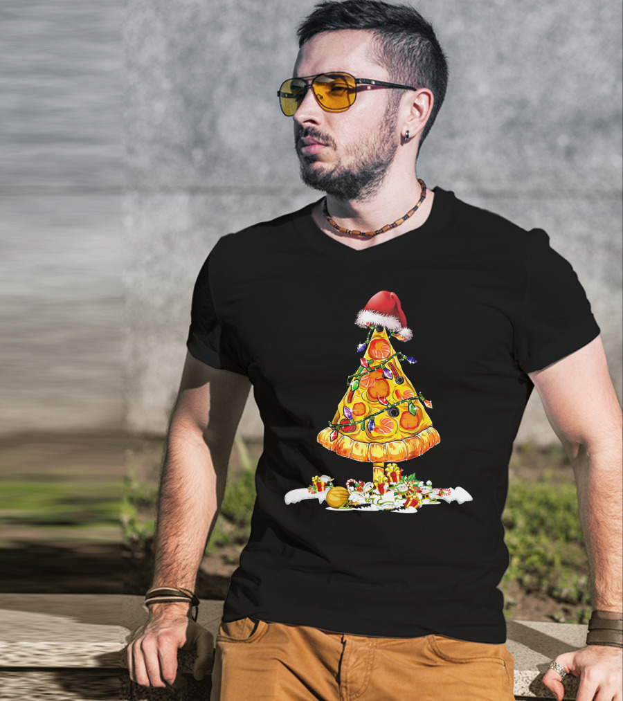 Merry Crustmas Pizza Tree Pizza Lover Holiday Santa Hat T-Shirt