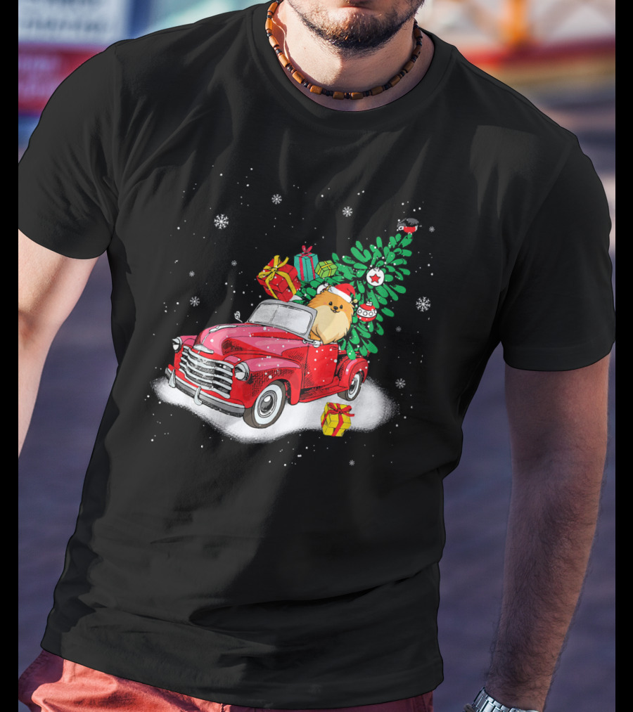 Pomeranian With Christmas Tree And Gifts In Red Truck Snow Scene T-Shirt
