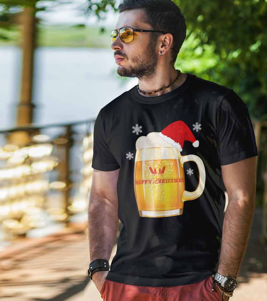 Hoppy Christmas Beer Santa Mug With Snowflakes T-Shirt