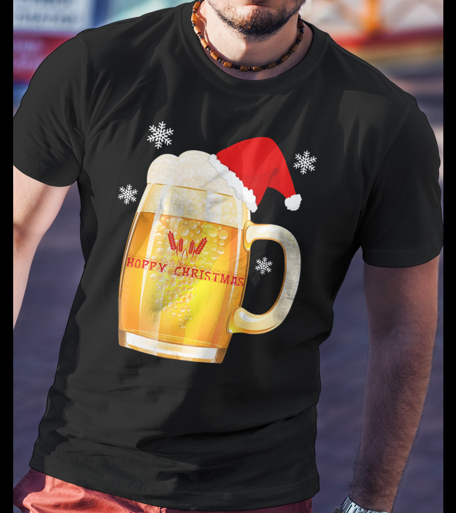 Hoppy Christmas Beer Santa Mug With Snowflakes T-Shirt