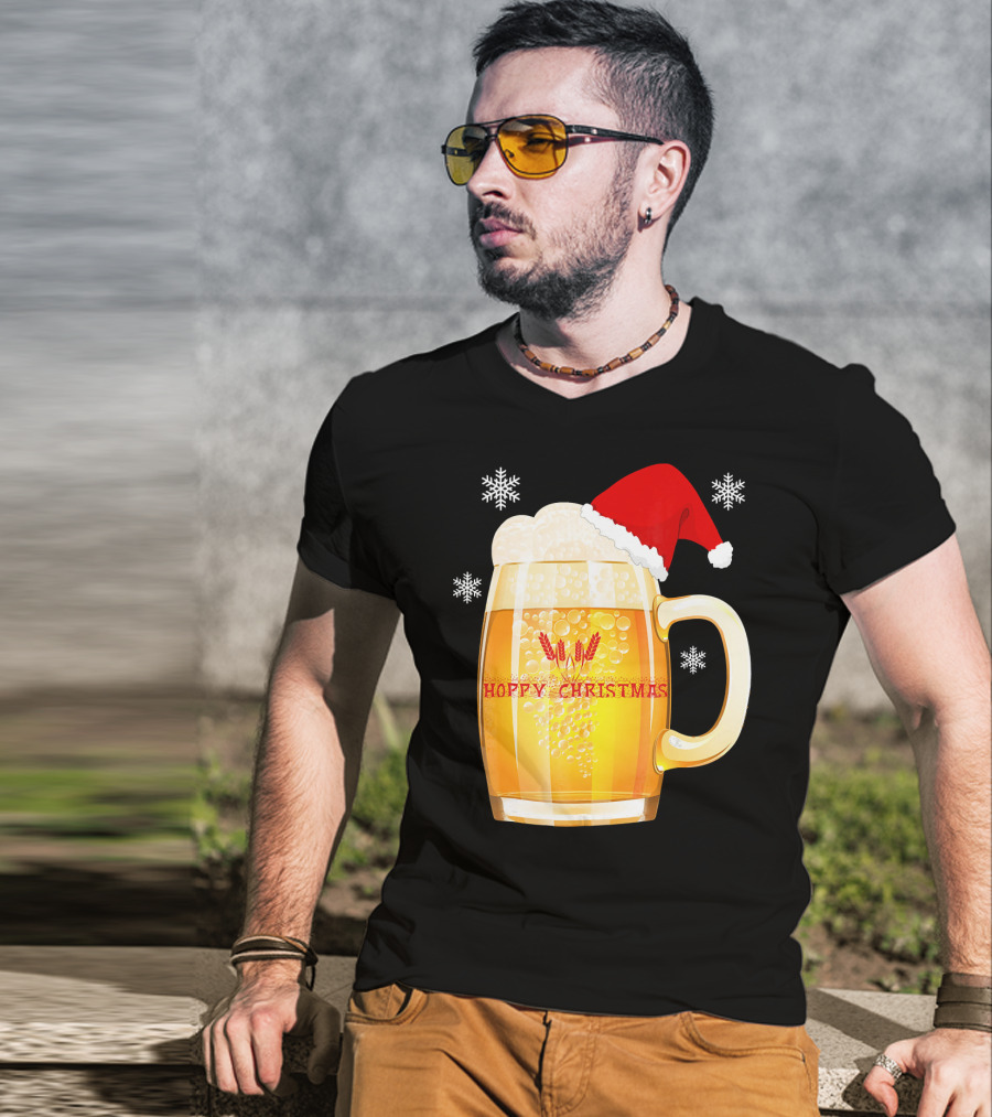 Hoppy Christmas Beer Santa Mug With Snowflakes T-Shirt