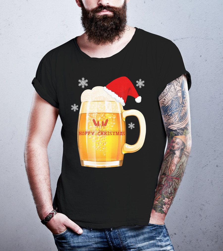Hoppy Christmas Beer Santa Mug With Snowflakes T-Shirt