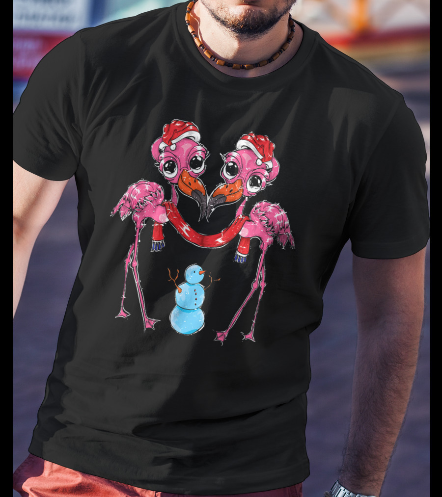 Snowman Xmas Santa Claus Hat Flamingo Chris T-Shirt