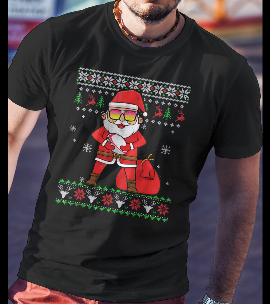 Rugby Ugly Christmas Santa Claus With Sunglasses Snowflakes Reindeer T-Shirt