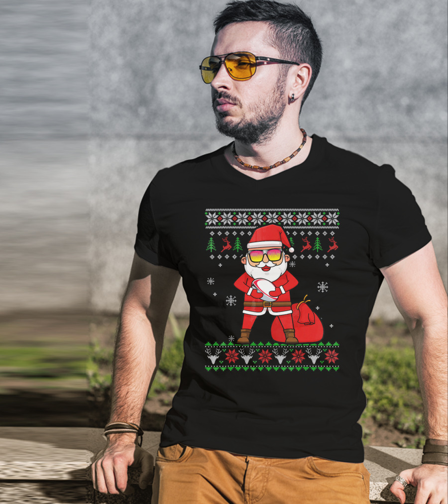 Rugby Ugly Christmas Santa Claus With Sunglasses Snowflakes Reindeer T-Shirt
