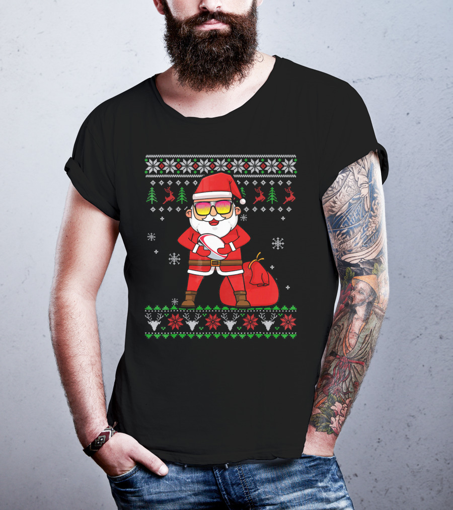 Rugby Ugly Christmas Santa Claus With Sunglasses Snowflakes Reindeer T-Shirt