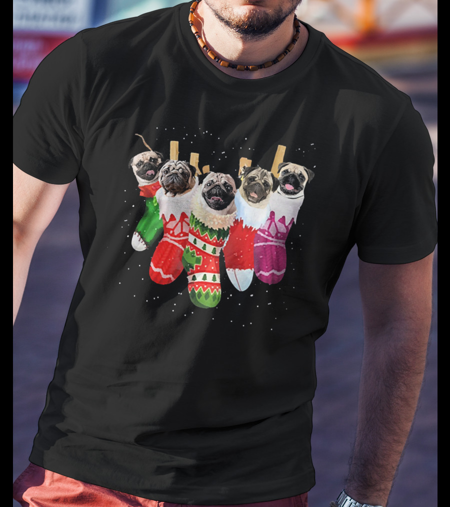 Pug Heads In Colorful Christmas Stockings With Snowflakes T-Shirt