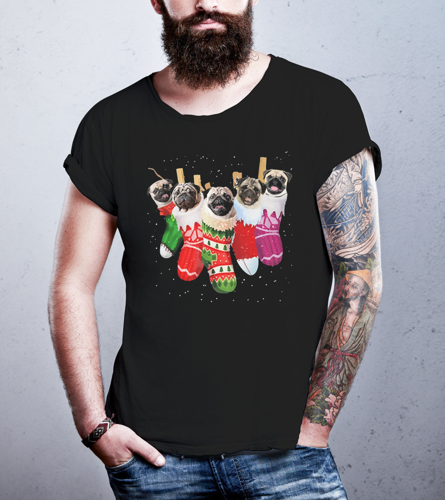 Pug Heads In Colorful Christmas Stockings With Snowflakes T-Shirt