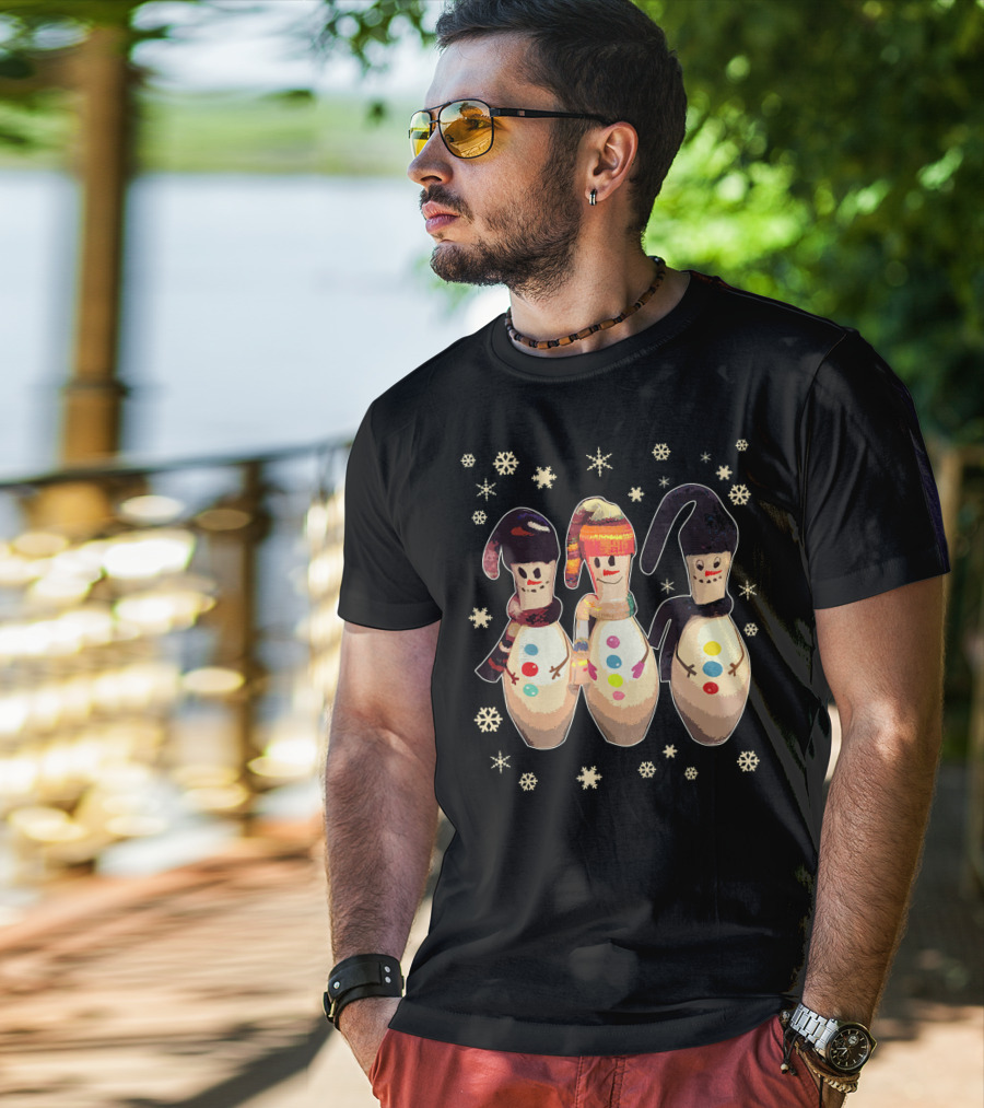 Bowling Pins Winter Snowman Scarves Hats Snowflakes T-Shirt