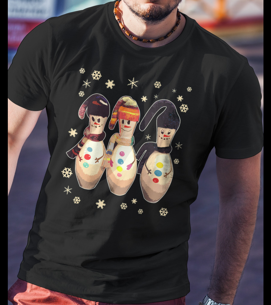 Bowling Pins Winter Snowman Scarves Hats Snowflakes T-Shirt