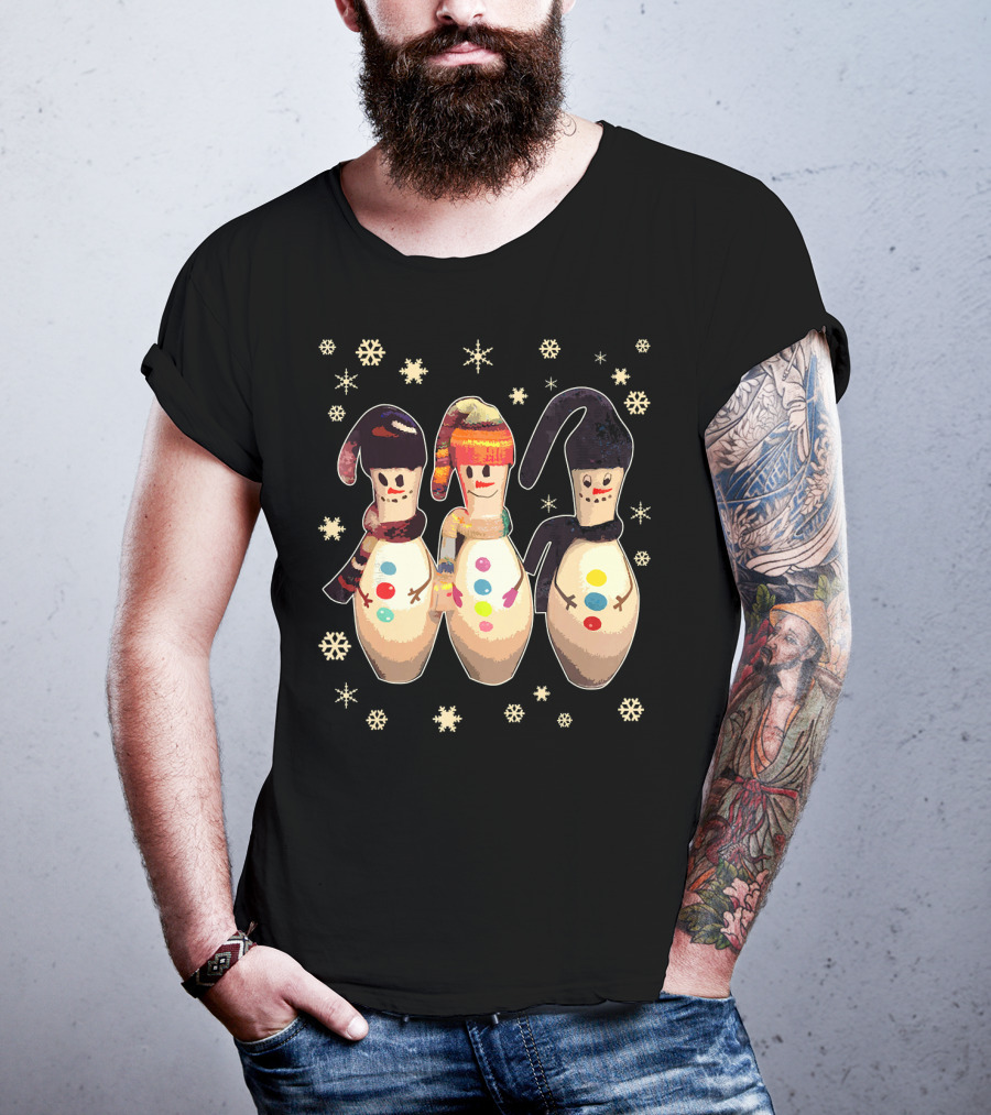 Bowling Pins Winter Snowman Scarves Hats Snowflakes T-Shirt