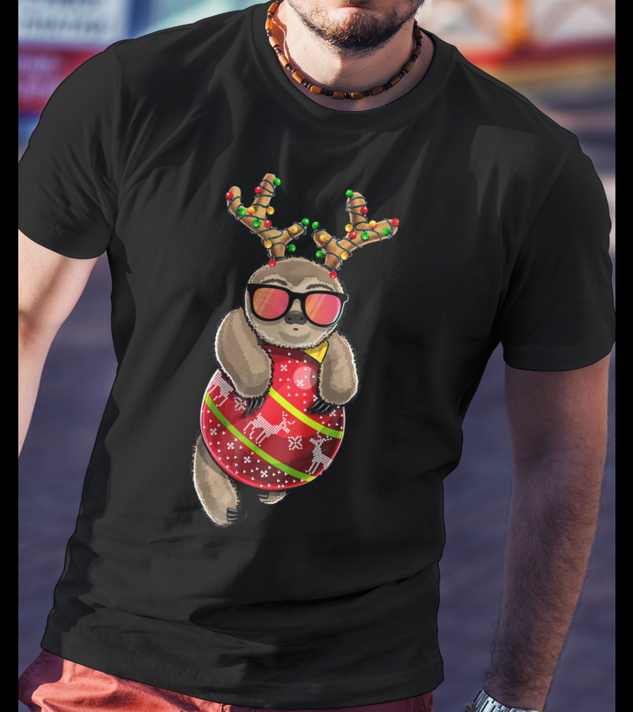Christmas Sloth Reindeer Ornament Holiday Lights Festive Fashion T-Shirt