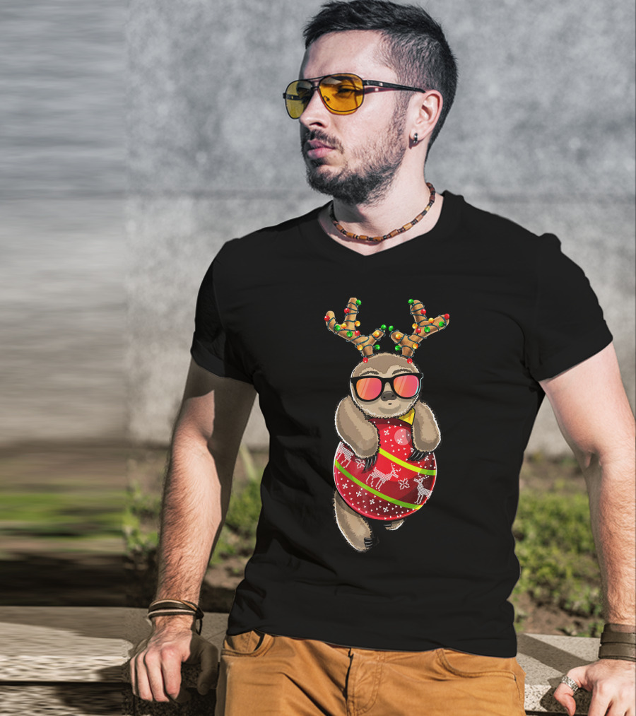 Christmas Sloth Reindeer Ornament Holiday Lights Festive Fashion T-Shirt