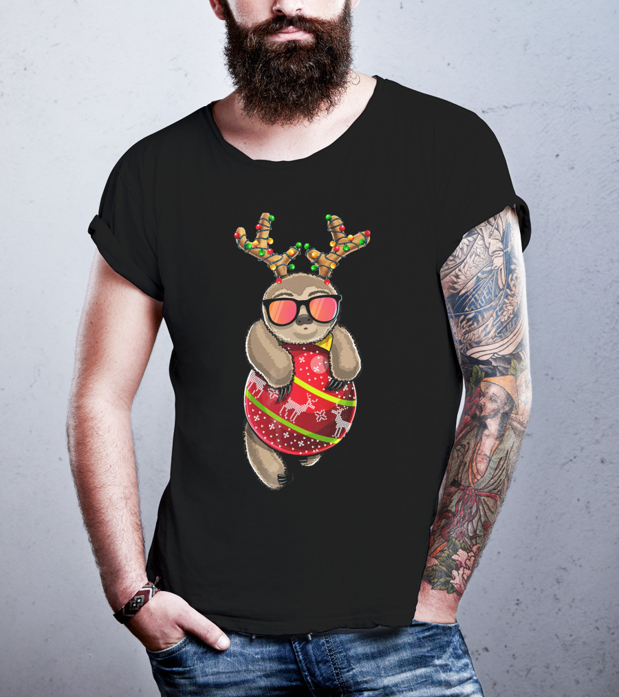 Christmas Sloth Reindeer Ornament Holiday Lights Festive Fashion T-Shirt