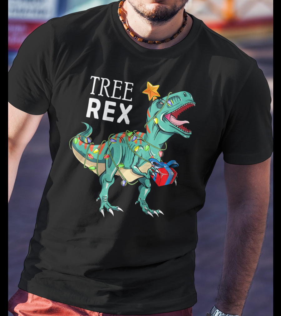 Tree Rex Dinosaur With Christmas Lights And Gift T-Shirt
