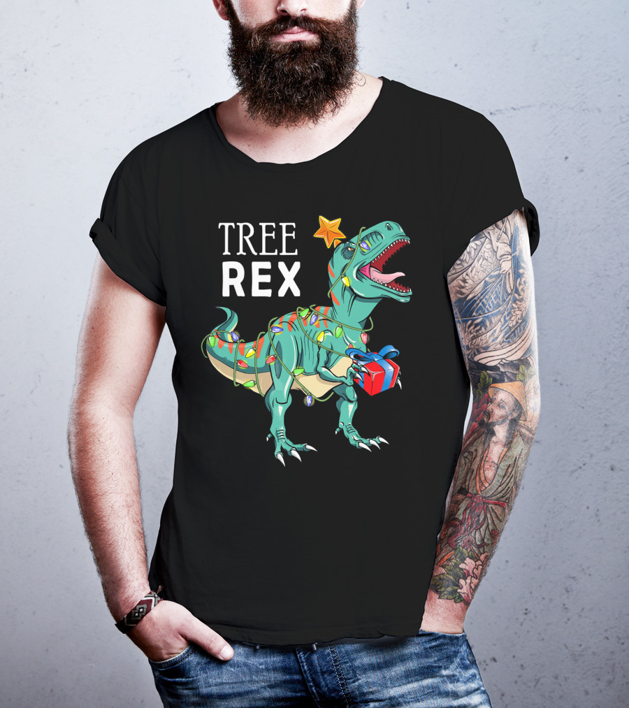 Tree Rex Dinosaur With Christmas Lights And Gift T-Shirt
