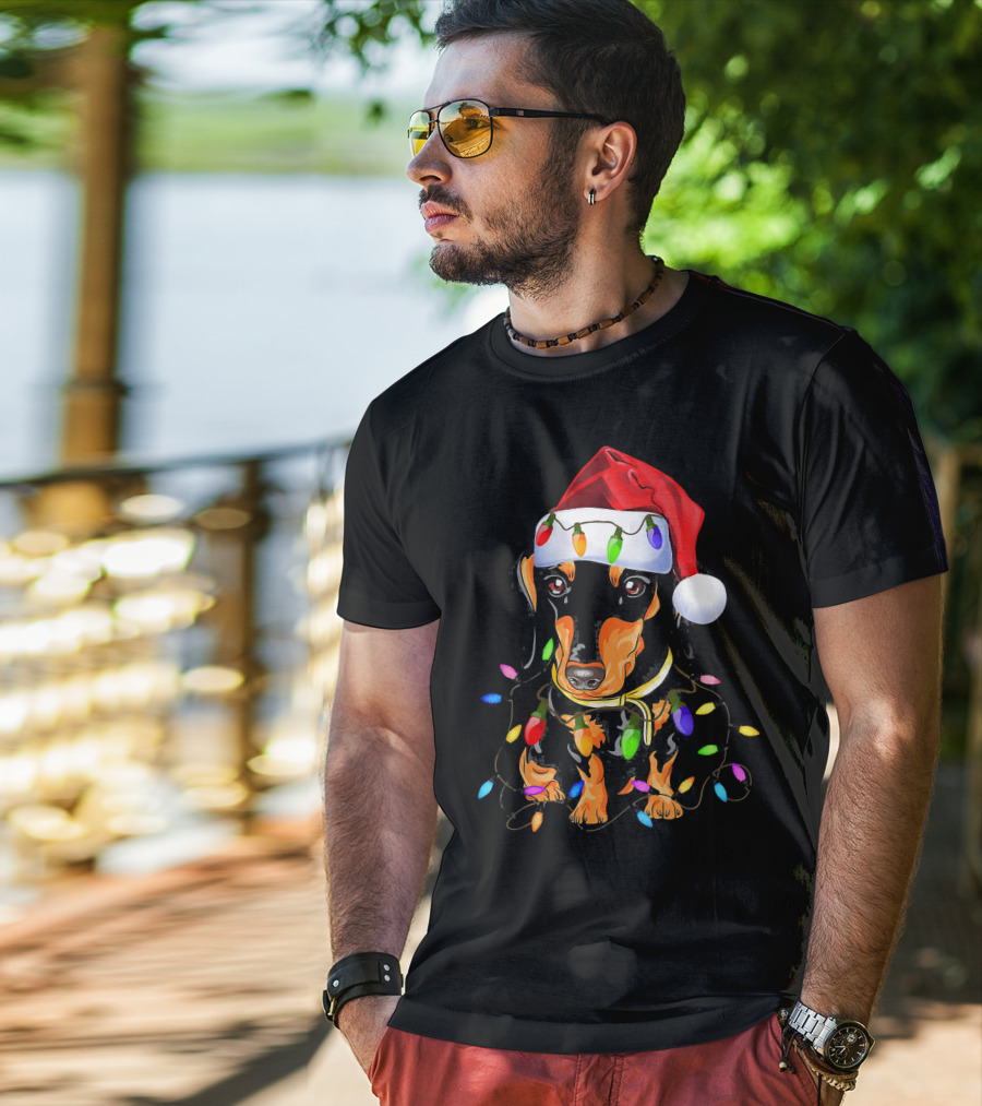 Dachshund Christmas Loves LED Lights Santa Hat T-Shirt