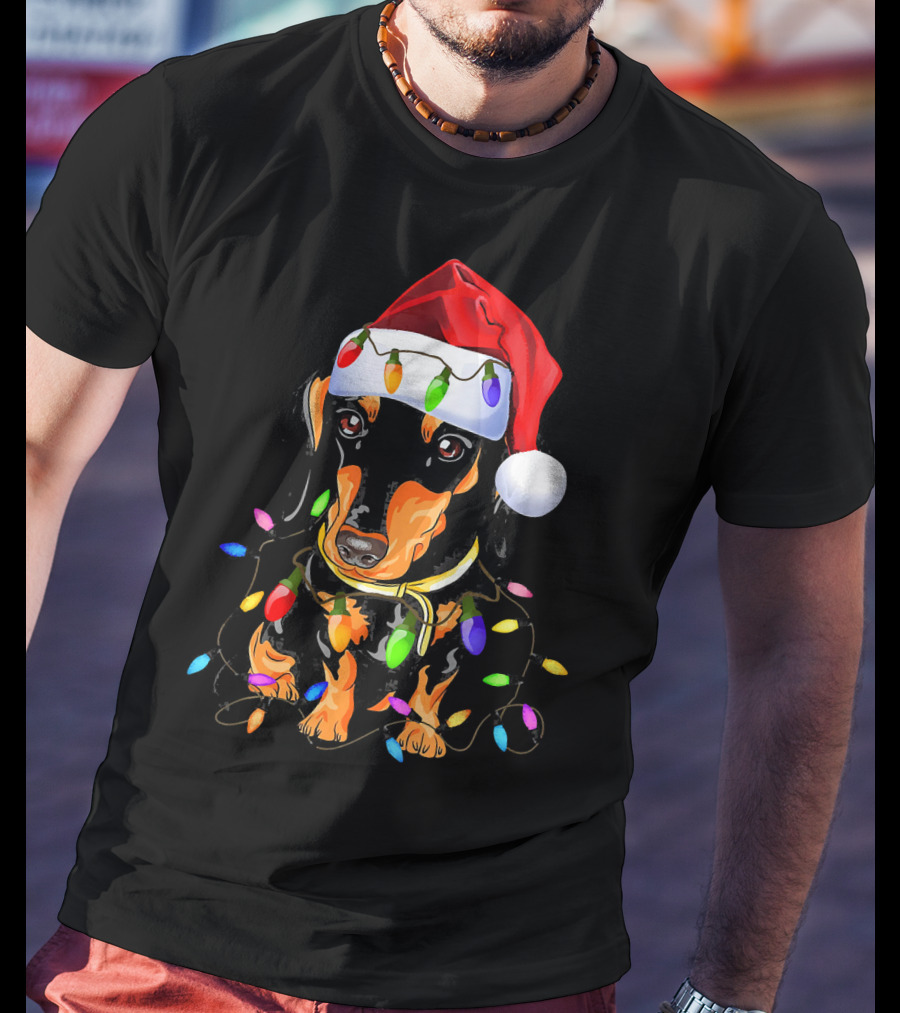 Dachshund Christmas Loves LED Lights Santa Hat T-Shirt