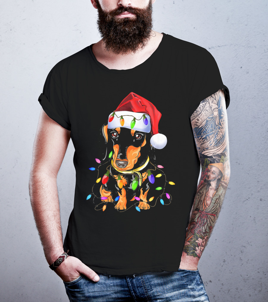 Dachshund Christmas Loves LED Lights Santa Hat T-Shirt