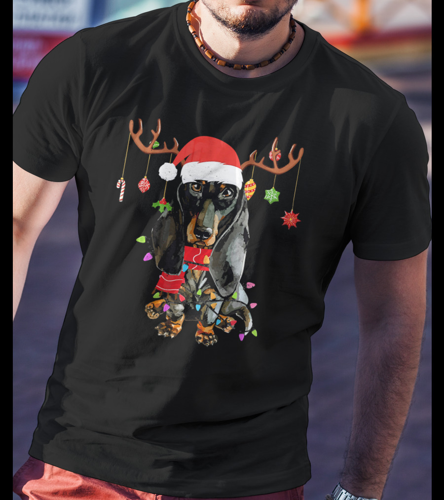 Funny Dachshund Christmas Reindeer Light Festive Holiday Puppy With Santa Hat And Antlers T-Shirt