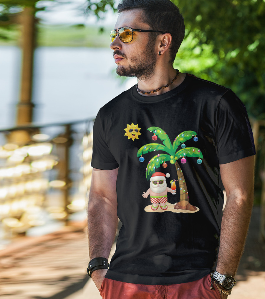 July Christmas Palm Tree Santa With Sunglasses And Cocktail T-Shirt