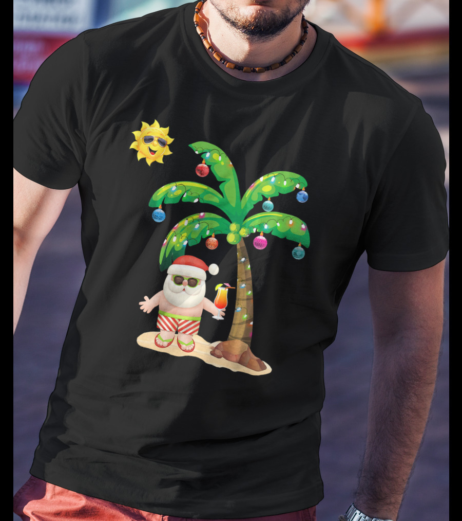 July Christmas Palm Tree Santa With Sunglasses And Cocktail T-Shirt