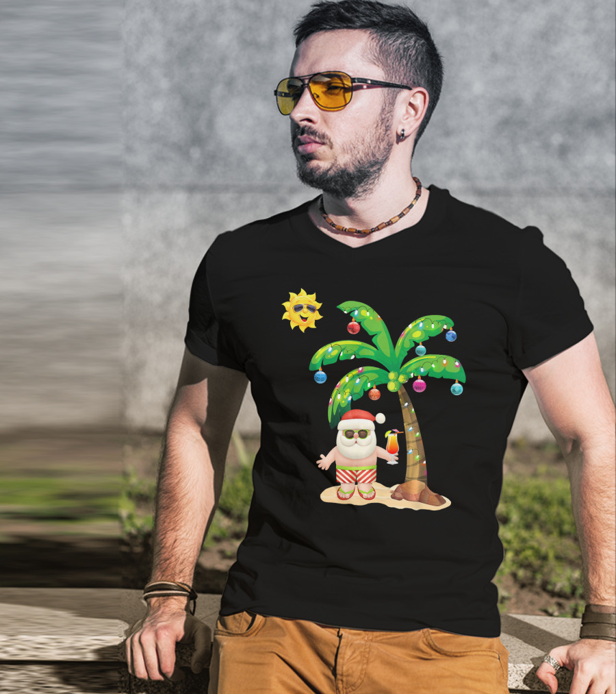 July Christmas Palm Tree Santa With Sunglasses And Cocktail T-Shirt