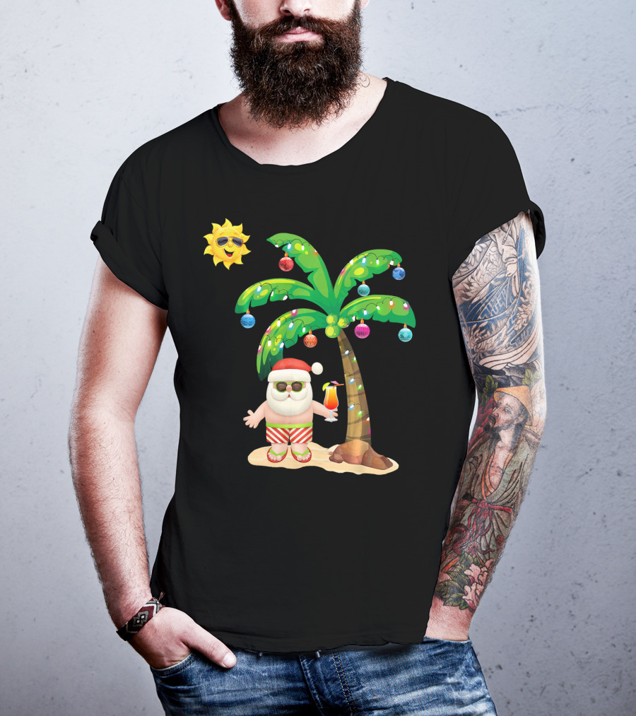 July Christmas Palm Tree Santa With Sunglasses And Cocktail T-Shirt
