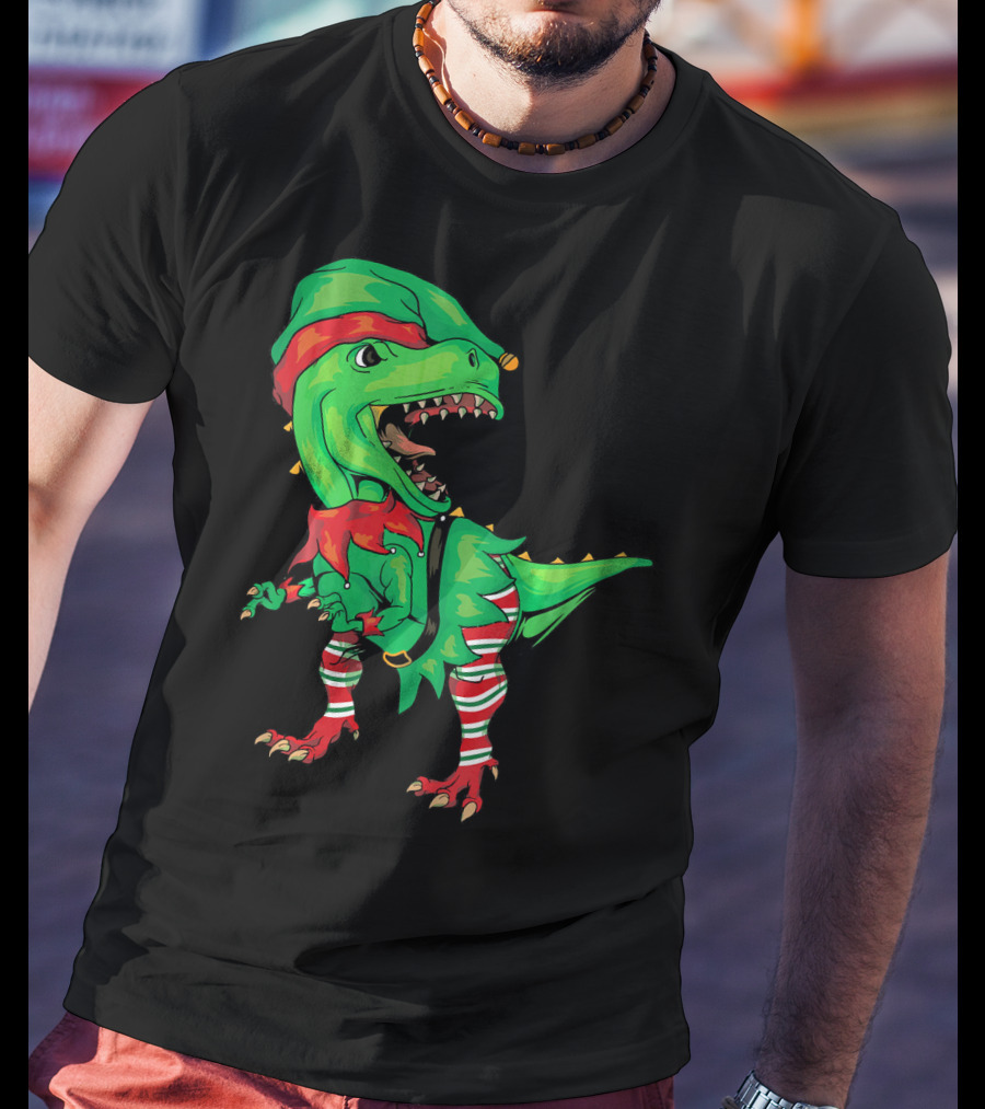 Christmas Dinosaur In Elf Costume T-Shirt