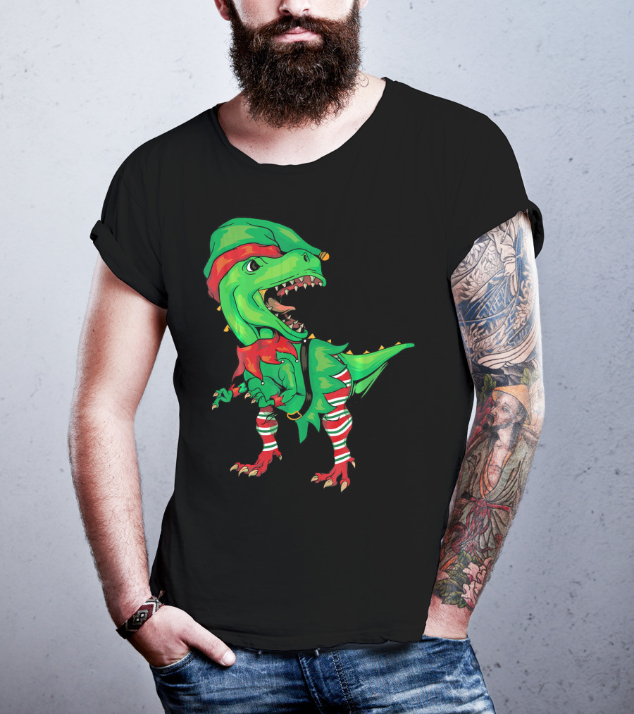 Christmas Dinosaur In Elf Costume T-Shirt