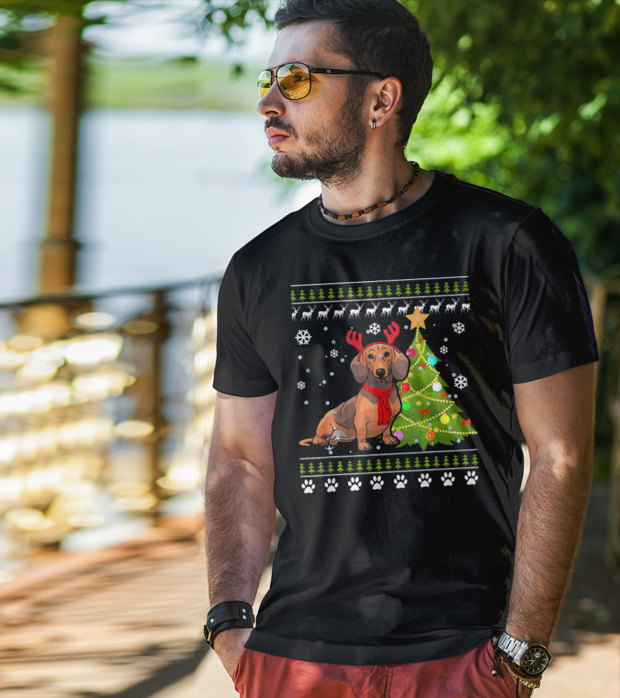 Dachshund Ugly Christmas Reindeer Antlers Christmas Tree Snowflakes T-Shirt